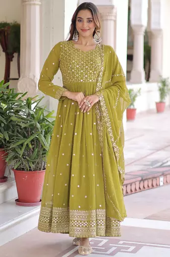 Green Embroidered Georgette Festive Wear Gown With Dupatta