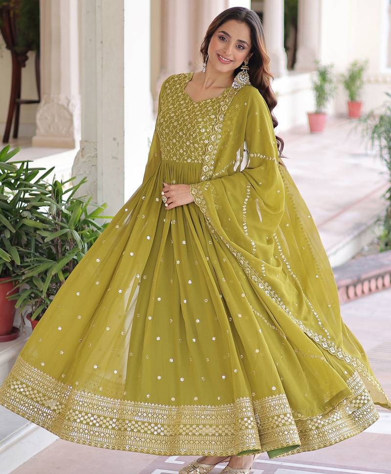 Green Embroidered Georgette Festive Wear Gown With Dupatta