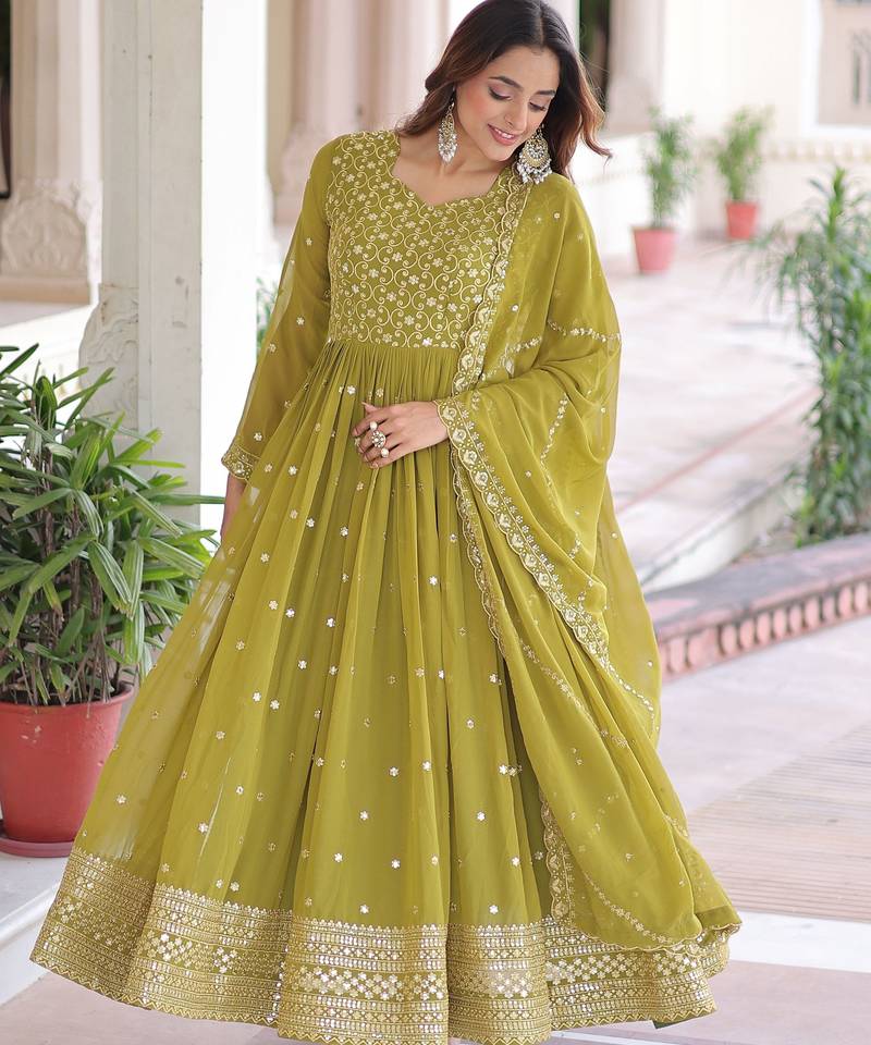 Green Embroidered Georgette Festive Wear Gown With Dupatta