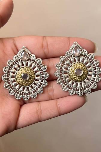 Gold & silver color oxidised earrings delivering dual-tone appeal for festive and wedding attire