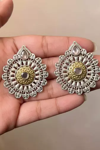 Gold & silver color oxidised earrings delivering dual-tone appeal for festive and wedding attire
