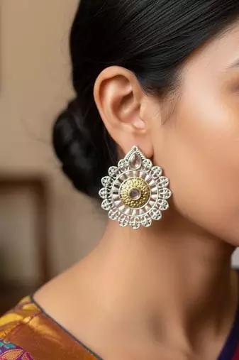 Gold & silver color oxidised earrings delivering dual-tone appeal for festive and wedding attire