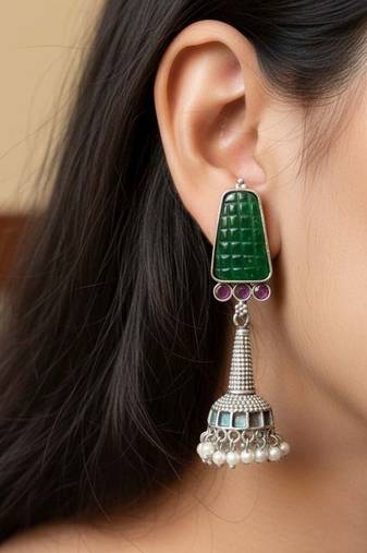 Green color oxidised earrings crafted with traditional oxidised detailing for everyday cultural elegance