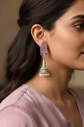 Light pink color oxidised earrings offering delicate oxidised charm for soft ethnic fashion statements