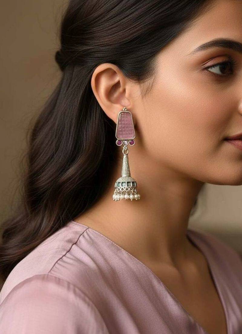Light pink color oxidised earrings offering delicate oxidised charm for soft ethnic fashion statements