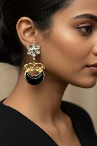 Black color oxidised earrings featuring detailed dual-tone metalwork ideal for striking ethnic fashion
