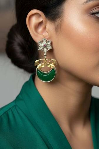 Green color oxidised earrings embodying dual-tone beauty perfect for enhancing festive appearances