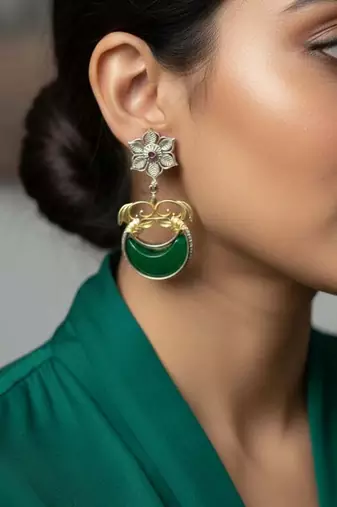 Green color oxidised earrings embodying dual-tone beauty perfect for enhancing festive appearances