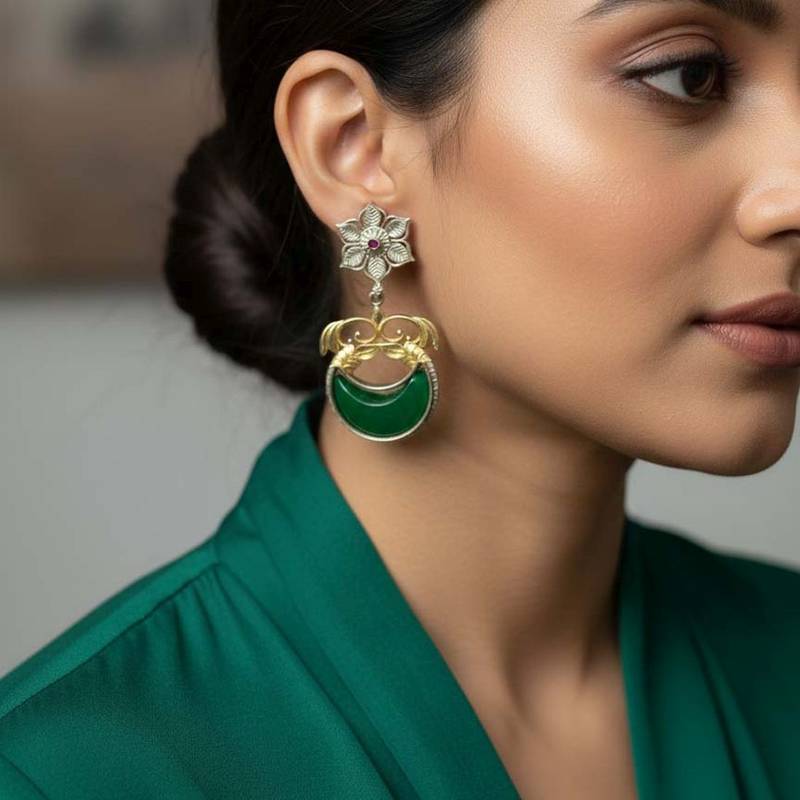 Green color oxidised earrings embodying dual-tone beauty perfect for enhancing festive appearances