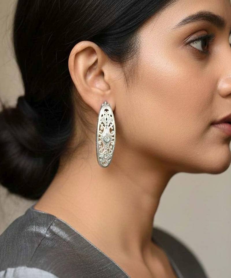 Silver color oxidised earrings offering timeless oxidised shine suitable for daily traditional outfits