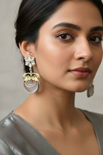 Grey color oxidised earrings crafted in refined dual-tone finish for subtle ethnic elegance
