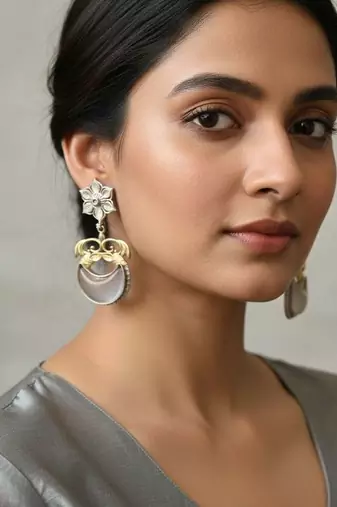 Grey color oxidised earrings crafted in refined dual-tone finish for subtle ethnic elegance