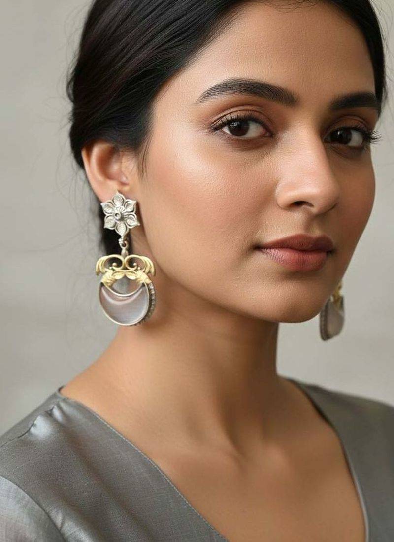 Grey color oxidised earrings crafted in refined dual-tone finish for subtle ethnic elegance