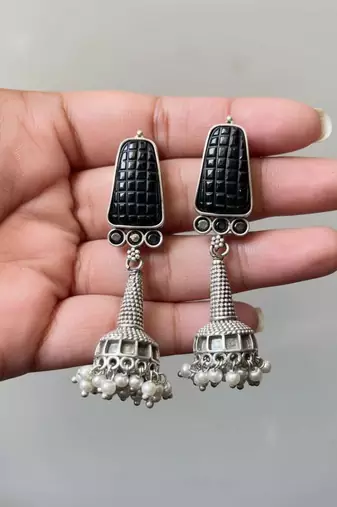 Black color oxidised earrings showcasing classic oxidised artistry perfect for heritage inspired looks