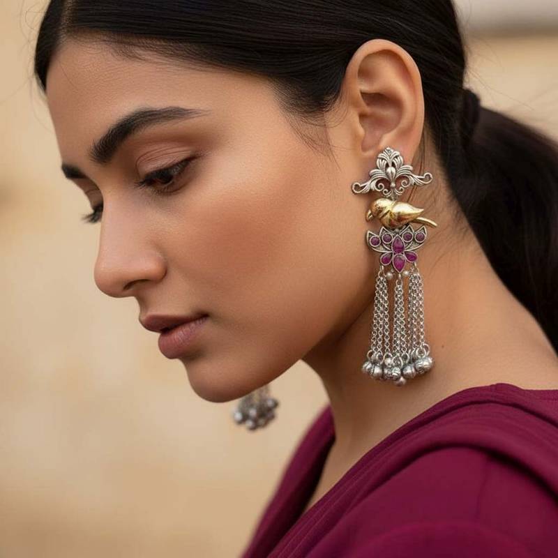 Rani color oxidised earrings crafted in dual-tone shades to bring striking traditional elegance
