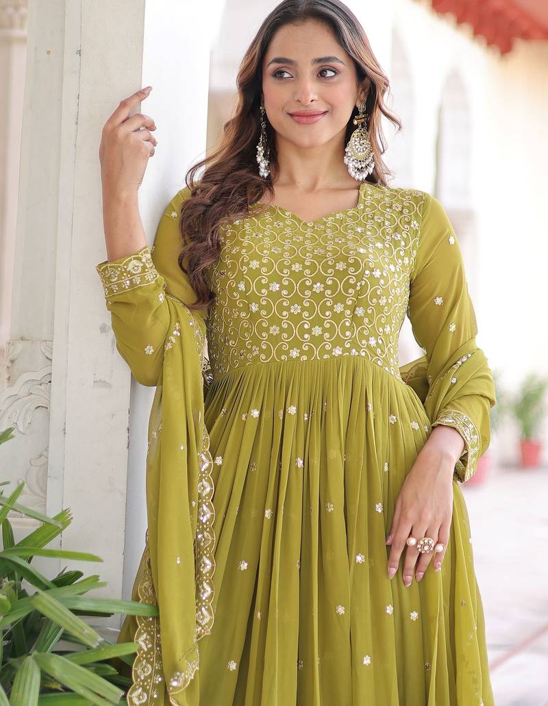 Green Embroidered Georgette Festive Wear Gown With Dupatta
