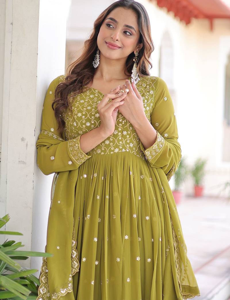 Green Embroidered Georgette Festive Wear Gown With Dupatta