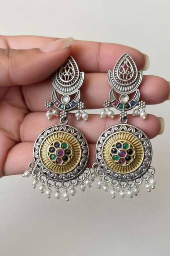 Multi color oxidised earrings offering lively dual-tone vibrance suitable for joyful traditional events