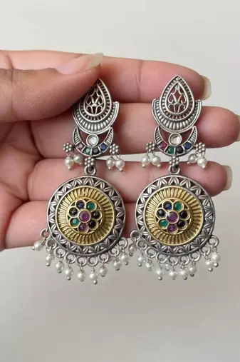 Multi color oxidised earrings offering lively dual-tone vibrance suitable for joyful traditional events