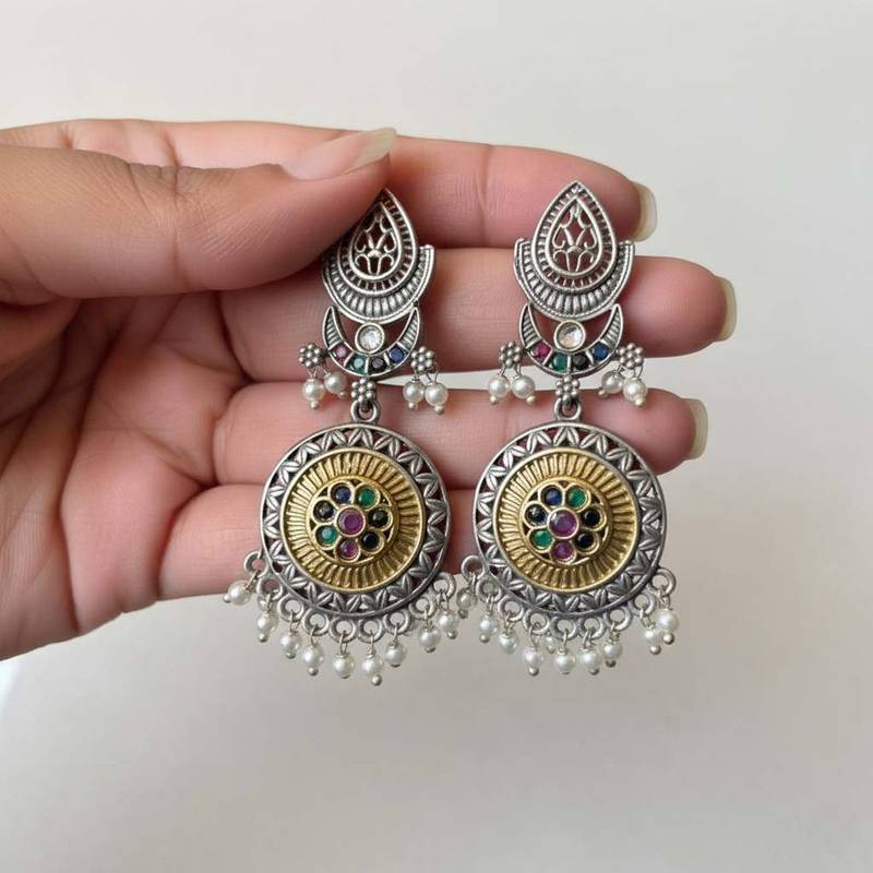 Multi color oxidised earrings offering lively dual-tone vibrance suitable for joyful traditional events