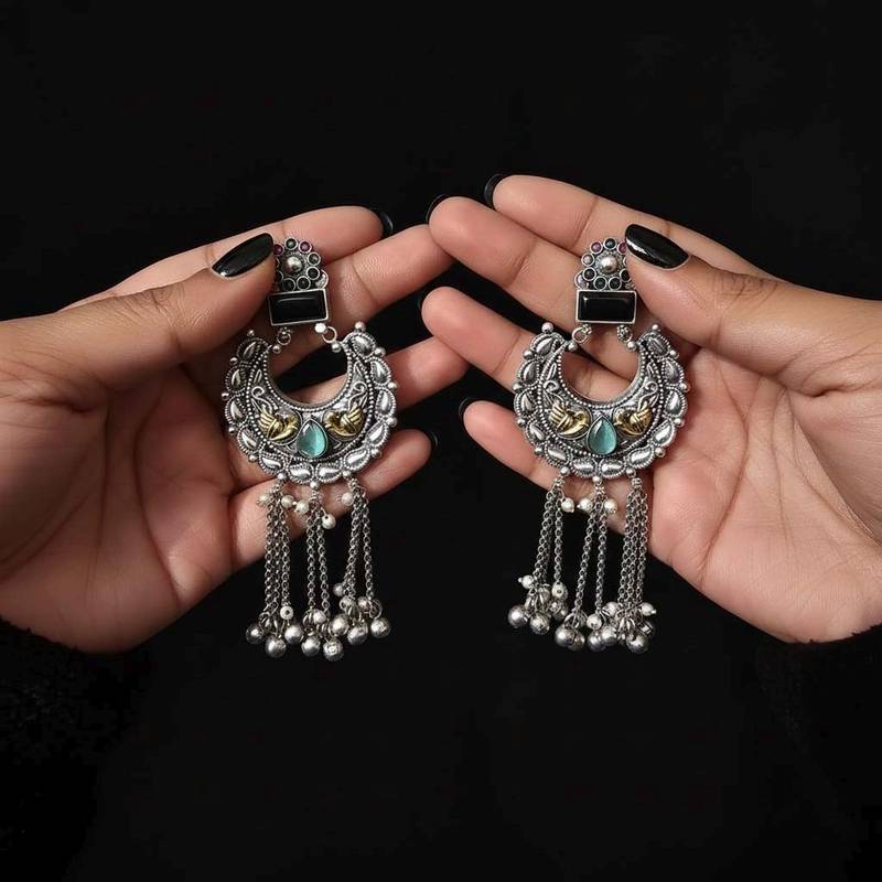 Multi color oxidised earrings designed with colorful dual-tone effects for bold festive expressions