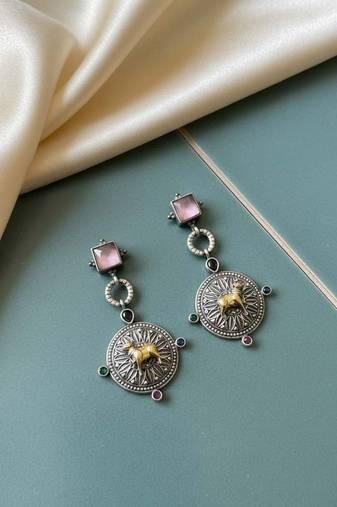 Light pink color oxidised earrings featuring soft dual-tone elegance for graceful ethnic styling