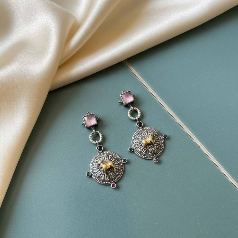 Light pink color oxidised earrings featuring soft dual-tone elegance for graceful ethnic styling