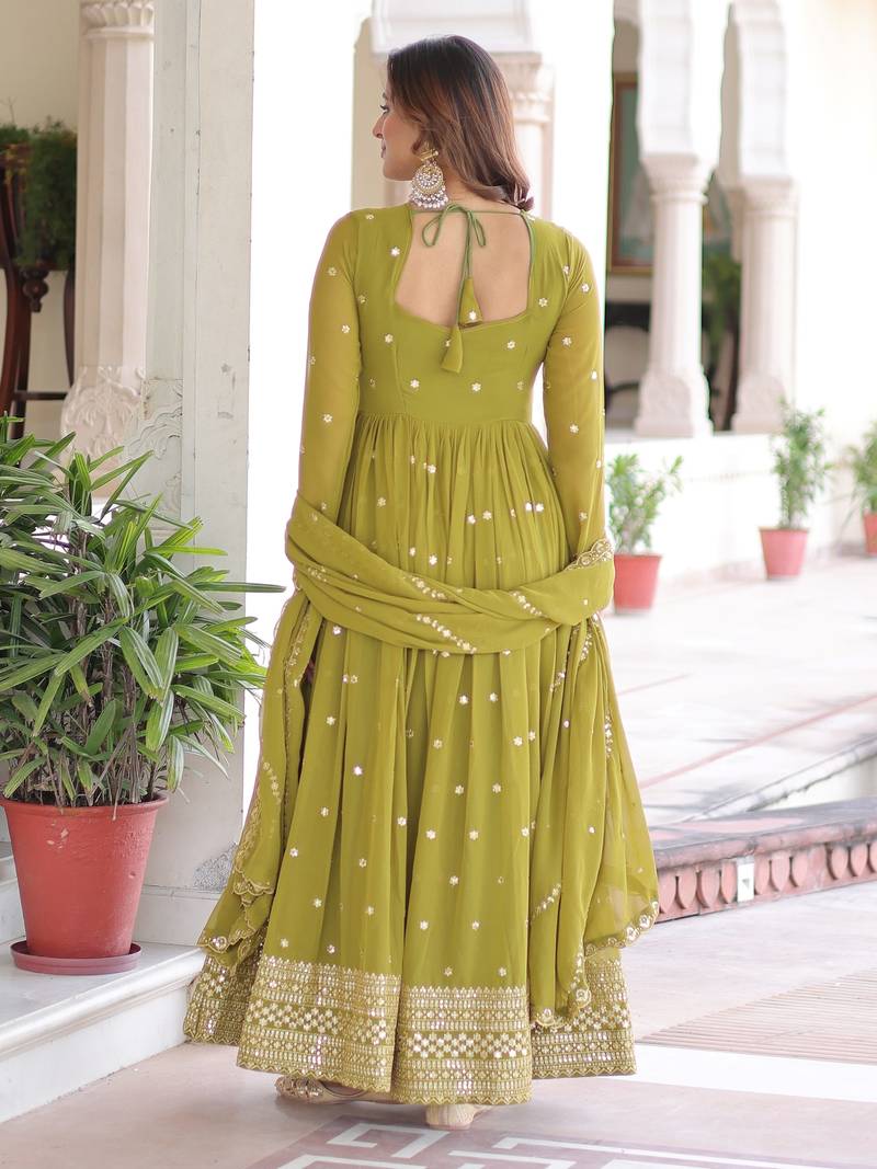Green Embroidered Georgette Festive Wear Gown With Dupatta