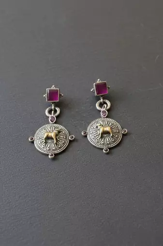 Rani color oxidised earrings crafted with dual-tone patterns for vibrant traditional fashion flair