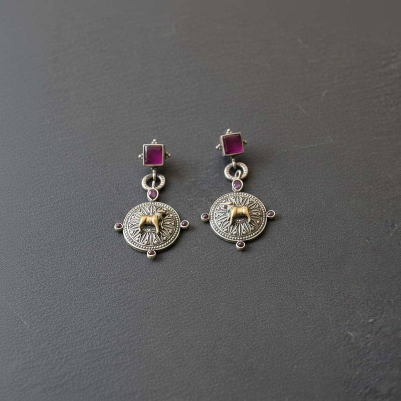 Rani color oxidised earrings crafted with dual-tone patterns for vibrant traditional fashion flair