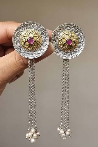 Pink color oxidised earrings crafted with dual-tone finish to enhance elegant cultural outfits