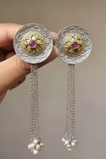 Pink color oxidised earrings crafted with dual-tone finish to enhance elegant cultural outfits