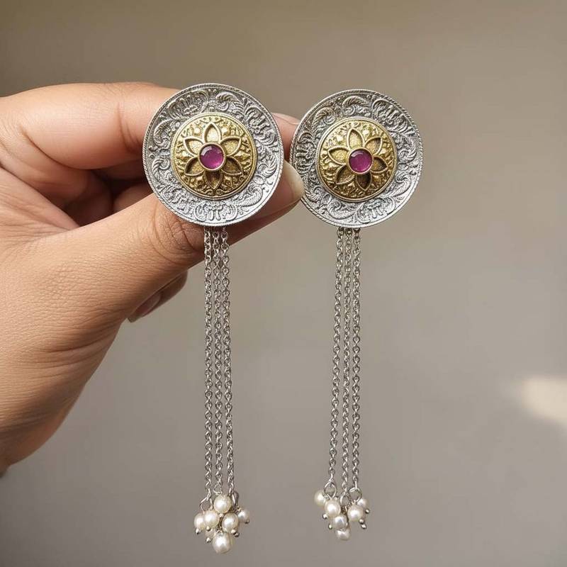 Pink color oxidised earrings crafted with dual-tone finish to enhance elegant cultural outfits