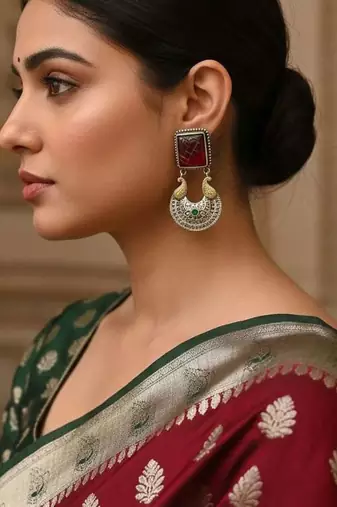 Maroon color oxidised earrings offering beautiful dual-tone accents ideal for ethnic statement looks