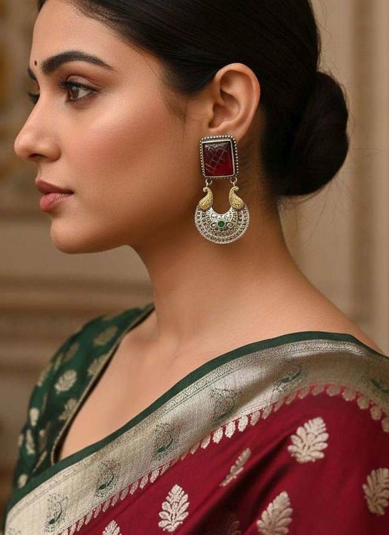 Maroon color oxidised earrings offering beautiful dual-tone accents ideal for ethnic statement looks