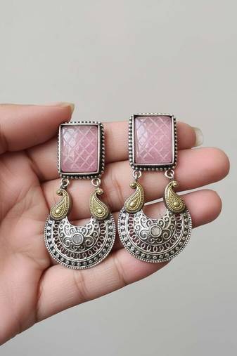 Pink color oxidised earrings showcasing dual-tone shine perfect for weddings and festive occasions