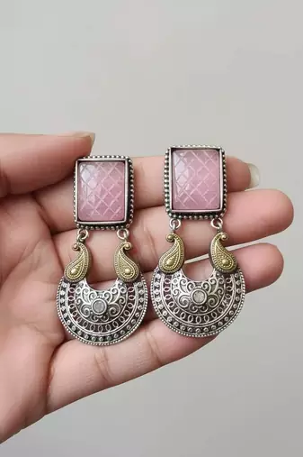 Pink color oxidised earrings showcasing dual-tone shine perfect for weddings and festive occasions