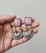 Pink color oxidised earrings showcasing dual-tone shine perfect for weddings and festive occasions
