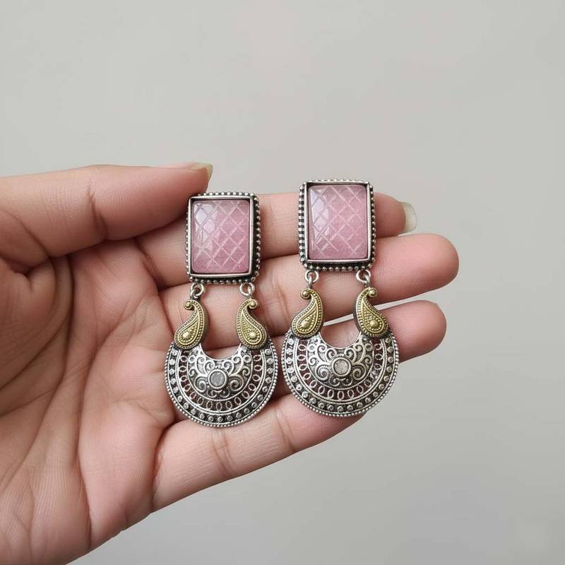 Pink color oxidised earrings showcasing dual-tone shine perfect for weddings and festive occasions