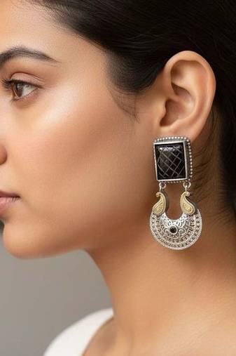 Black color oxidised earrings featuring antique dual-tone craftsmanship for timeless ethnic elegance