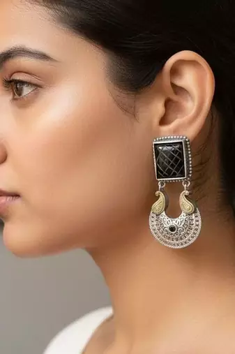 Black color oxidised earrings featuring antique dual-tone craftsmanship for timeless ethnic elegance