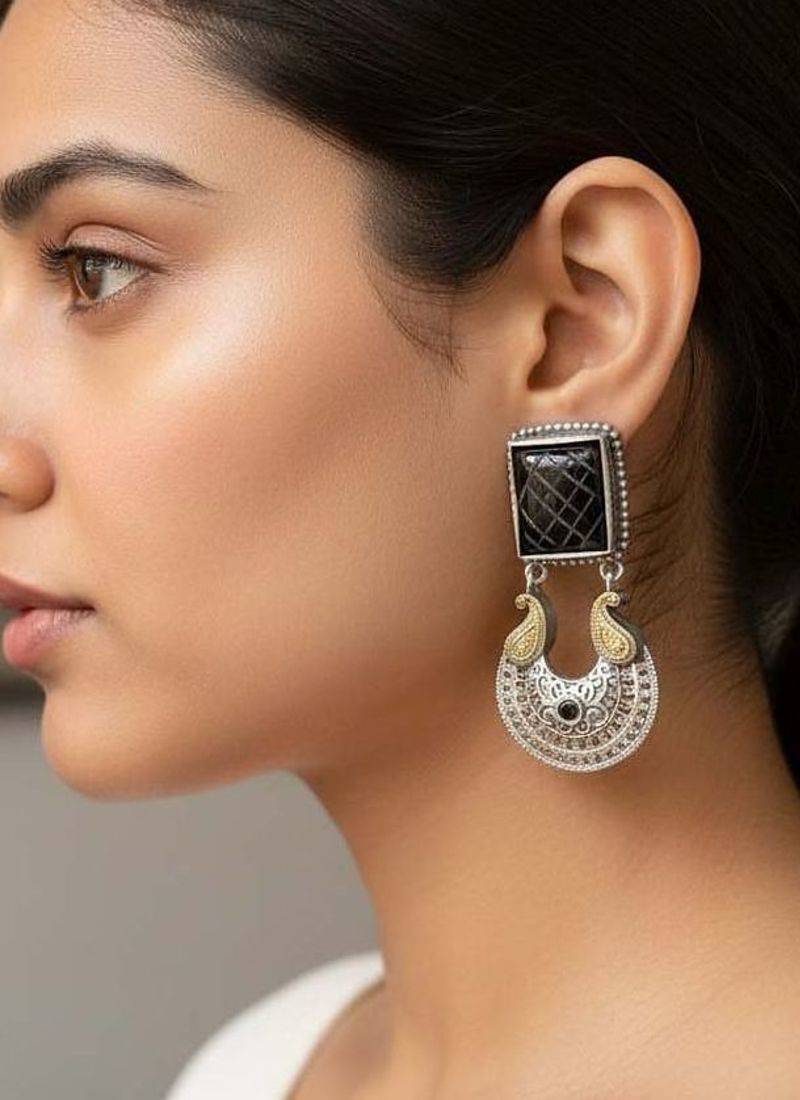 Black color oxidised earrings featuring antique dual-tone craftsmanship for timeless ethnic elegance