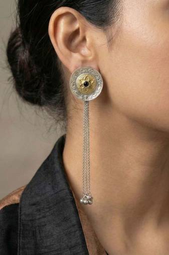 Black color oxidised earrings featuring striking dual-tone contrast ideal for strong statement fashion