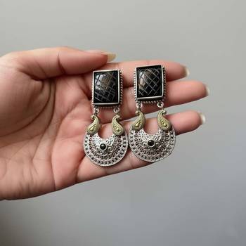 Black color oxidised earrings featuring antique dual-tone craftsmanship for timeless ethnic elegance 2