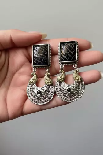 Black color oxidised earrings featuring antique dual-tone craftsmanship for timeless ethnic elegance