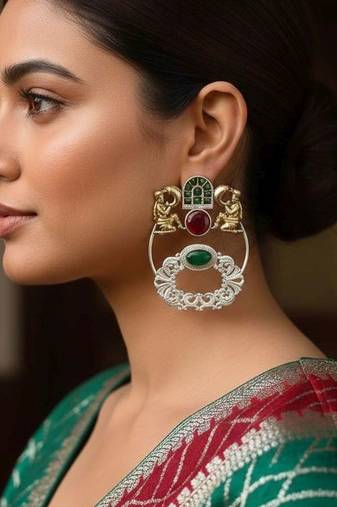 Maroon & green color oxidised earrings offering rich dual-tone artistry for traditional ethnic styling