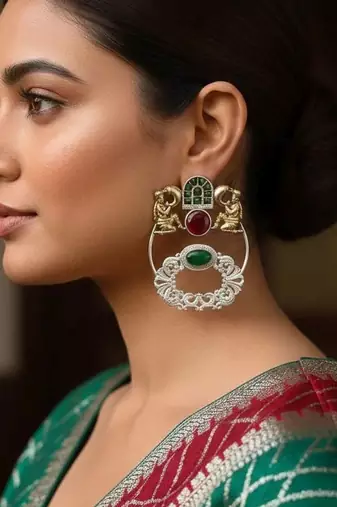 Maroon & green color oxidised earrings offering rich dual-tone artistry for traditional ethnic styling
