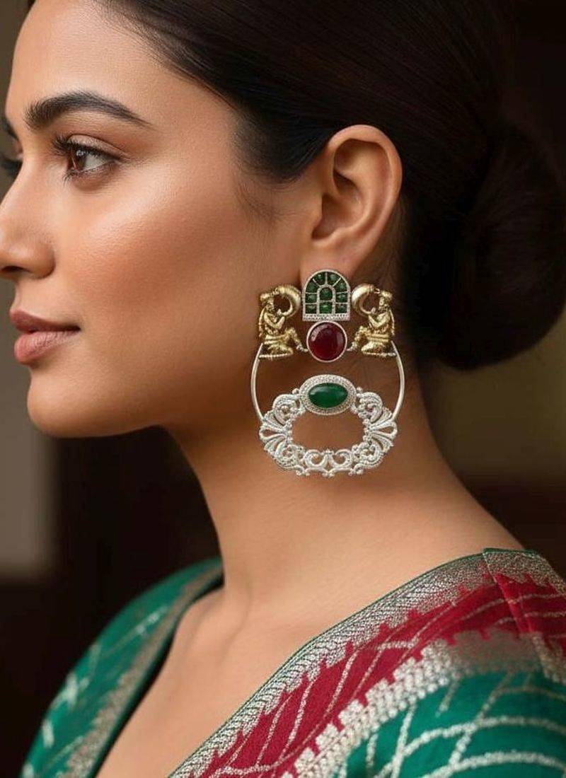 Maroon & green color oxidised earrings offering rich dual-tone artistry for traditional ethnic styling