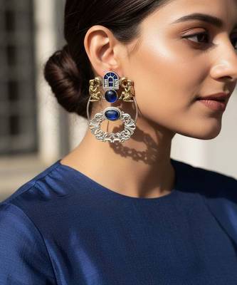 Blue color oxidised earrings designed with stunning dual-tone detailing for bold festive fashion 2