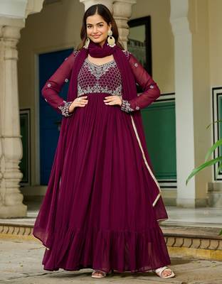 Maroon Embroidered Georgette Festive Wear Gown With Dupatta 1